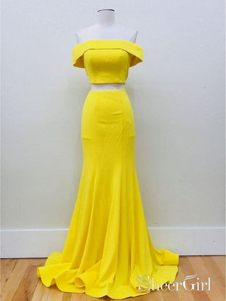 Long Mermaid Two Piece Prom Dresses Daffodil Yellow Off Shoulder Formal Dress APD3362-SheerGirl