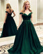 Long Off the Shoulder Emerald Green Beaded Satin Prom Dresses 2019 APD3239