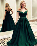 Long Off the Shoulder Emerald Green Beaded Satin Prom Dresses 2019 APD3239-SheerGirl
