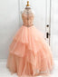 Long Prom Dress Ball Gown Halter High Neck Beaded Bodice Organza Quinceanera Dresses APD2876