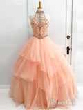 Long Prom Dress Ball Gown Halter High Neck Beaded Bodice Organza Quinceanera Dresses APD2876-SheerGirl