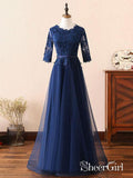Long Prom Dress Navy Blue Half Sleeve Lace Applique Formal Evening Dresses 2018 APD3261-SheerGirl