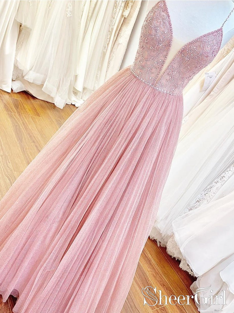 Long Prom Dress with Beaded Bodice and Plunging Illusion V-neck Neckline Rose Pink Formal Dresses ARD2502-SheerGirl