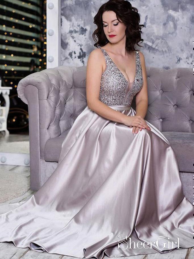 Long Prom Dresses Ball Gowns V Neck Silver Sequins Quinceanera Dress 2018 APD3263 Long Prom Dresses Ball Gowns V Neck Silver Sequins Quinceanera Dress 2018 APD3263