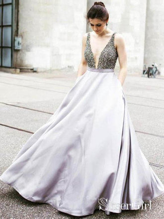 Long Prom Dresses Grey Deep V Neck Beaded Cheap Silver Formal Evening Dress APD3269-SheerGirl