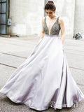 Long Prom Dresses Grey Deep V Neck Beaded Cheap Silver Formal Evening Dress APD3269-SheerGirl
