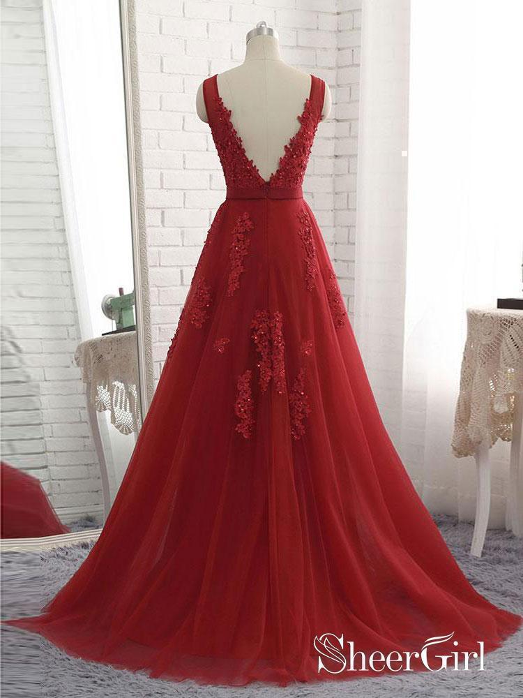 Long Red Backless Prom Dresses V Neck Tulle Lace Applique Formal Ball Gowns APD3259 Long Red Backless Prom Dresses V Neck Tulle Lace Applique Formal Ball Gowns APD3259
