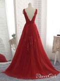 Long Red Backless Prom Dresses V Neck Tulle Lace Applique Formal Ball Gowns APD3259-SheerGirl