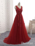 Long Red Backless Prom Dresses V Neck Tulle Lace Applique Formal Ball Gowns APD3259-SheerGirl