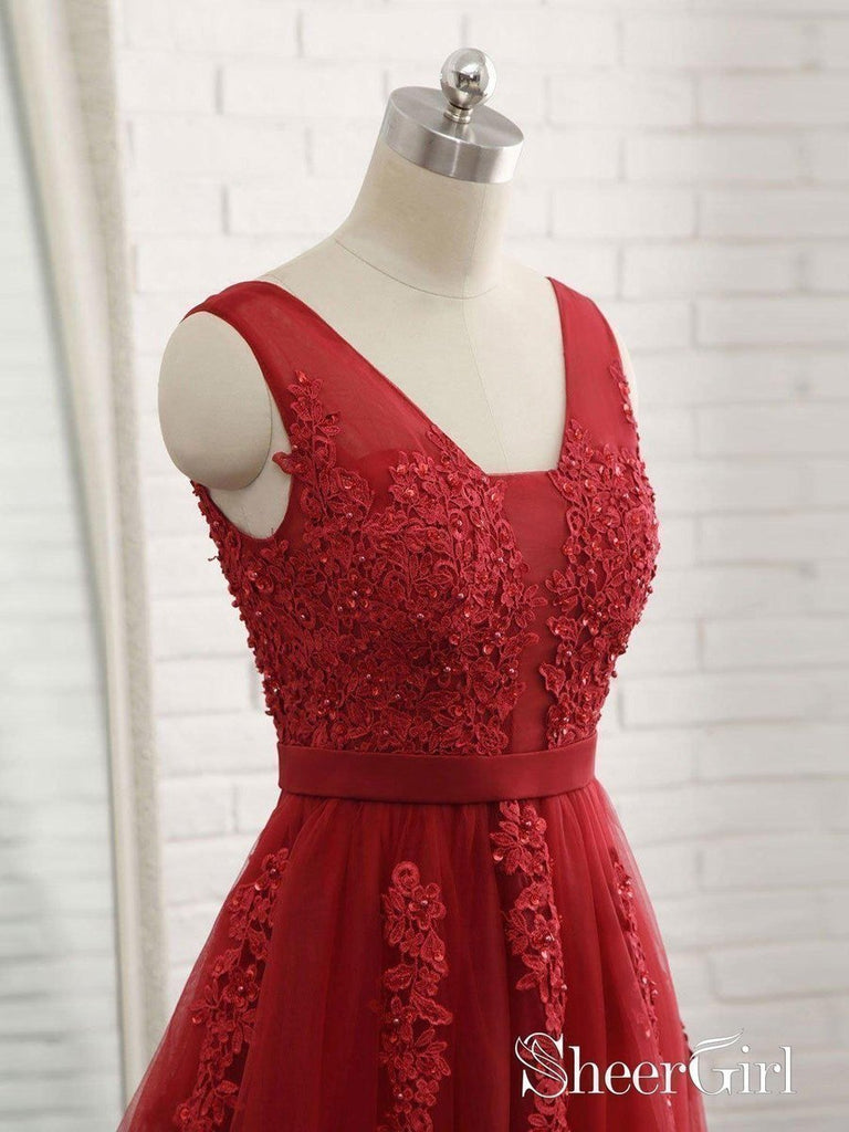 Long Red Backless Prom Dresses V Neck Tulle Applique Formal Ball Gowns SheerGirl Long Red Backless Prom Dresses V Neck Tulle Applique Formal Ball Gowns SheerGirl