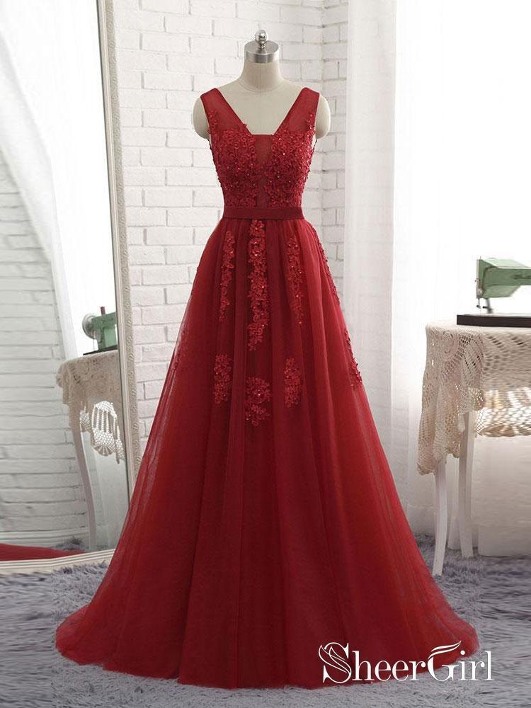 Long Red Backless Prom Dresses V Neck Tulle Lace Applique Formal Ball Gowns APD3259 Long Red Backless Prom Dresses V Neck Tulle Lace Applique Formal Ball Gowns APD3259