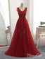 Long Red Backless Prom Dresses V Neck Tulle Lace Applique Formal Ball Gowns APD3259