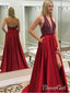 Dlouhé plesové šaty s červenými korálky Formální šaty s hlubokým výstřihem do V a bez zad s kapsou APD3377 