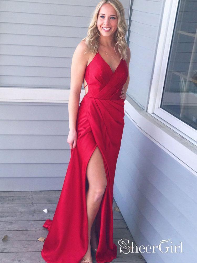 Long Red Ruched Prom Dresses Backless Side Slit Formal Dresses APD3266-SheerGirl