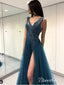 Long See Through Thigh Slit Blue Prom Dresses Backless Beaded Lace Prom Dress APD3363