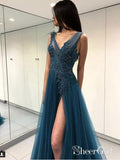 Long See Through Thigh Slit Blue Prom Dresses Backless Beaded Lace Prom Dress APD3363-SheerGirl