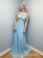 Long Sky Blue Formal Evening Dress Lace Bodice Cross Back Cheap Prom Dresses 2018 APD3307