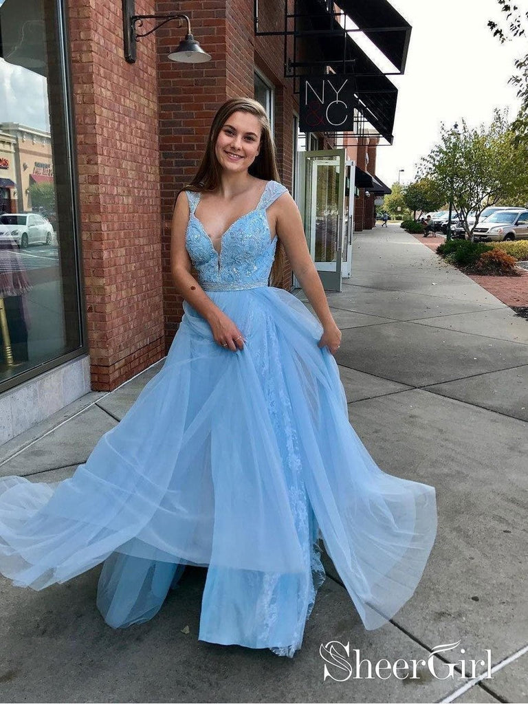 Sky Blue Long Prom Dresses Lace Formal Evening Dress – SheerGirl