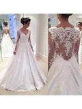 Long Sleeve A Line Lace Wedding Dress See Through Back Wedding Dress AWD1002-SheerGirl