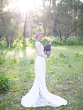 Long Sleeve Backless Ivory Wedding Dresses Lace&Satin Rustic Wedding Dress AWD1200-SheerGirl