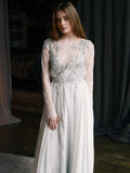 Long Sleeve Backless Wedding Dresses See Through Lace Top Beach Wedding Dress AWD1185-SheerGirl