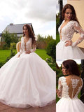 Long Sleeve Ball Gown Wedding Dresses Lace See Through Organza Wedding Dress AWD1062-SheerGirl