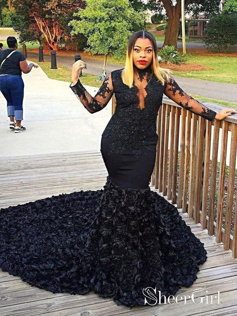 Two-piece Black Illusion Long Sleeve Pretty Prom Dress - VQ