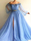Modré plesové šaty s dlouhým rukávem a rozparkem ARD2253