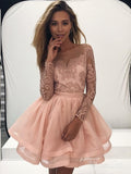 Long Sleeve Blush Pink Homecoming Dresses Illusion Neck Lace Top Hoco Dress ARD1542-SheerGirl