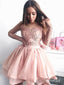 Růžové růžové šaty s dlouhým rukávem Illusion Neck Krajka Top Hoco šaty ARD1542 