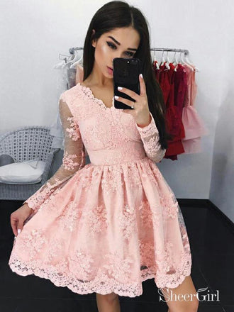 Long Sleeve Blush Pink Lace Homecoming Dresses See Through Pink Homecoming Dress ARD1492-SheerGirl