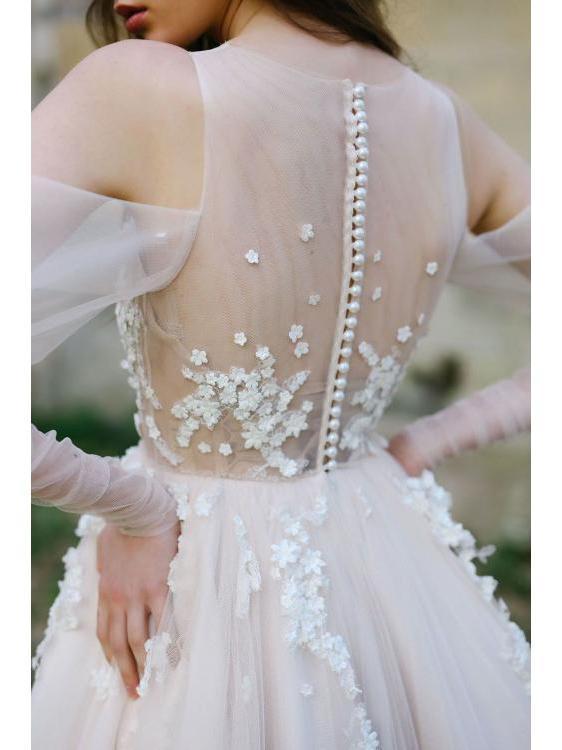 Long Sleeve Bohemian Beach Wedding Dresses Cold Shoulder Boho Rustic Wedding Dress AWD1239-SheerGirl
