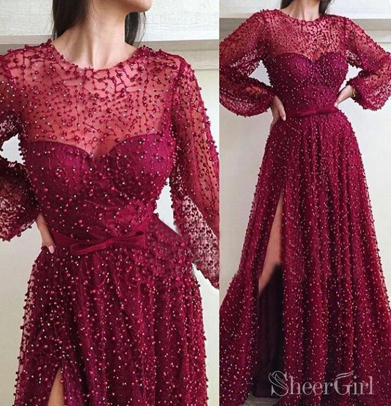 Long Sleeve Burgundy Prom Dresses with Slit Sparkly Formal Dress ARD2126-SheerGirl