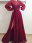 Long Sleeve Burgundy Prom Dresses with Slit Sparkly Formal Dress ARD2126