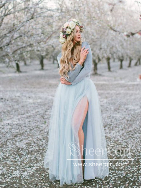 dusty blue and white wedding dress Long Sleeve Dusty Blue Wedding Dresses With Slit V Neck Velvet Rustic Wedding Dress AWD1259