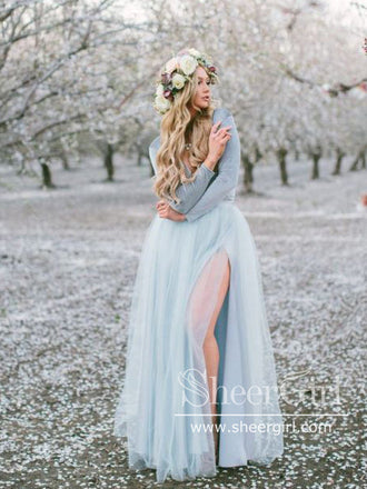 Long Sleeve Dusty Blue Wedding Dresses With Slit V Neck Velvet Rustic Wedding Dress AWD1259-SheerGirl