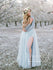 Long Sleeve Dusty Blue Wedding Dresses With Slit V Neck Velvet Rustic Wedding Dress AWD1259-SheerGirl