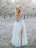 Long Sleeve Dusty Blue Wedding Dresses With Slit V Neck Velvet Rustic Wedding Dress AWD1259-SheerGirl