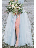 Long Sleeve Dusty Blue Wedding Dresses With Slit V Neck Velvet Rustic Wedding Dress AWD1259-SheerGirl