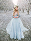 Zaprášené modré svatební šaty s dlouhým rukávem a výstřihem do V Sametové rustikální svatební šaty AWD1259 