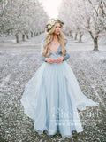 Long Sleeve Dusty Blue Wedding Dresses With Slit V Neck Velvet Rustic Wedding Dress AWD1259-SheerGirl