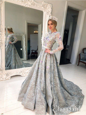 Long Sleeve Grey Lace Graduation Dresses for Junior Beaded Long Evening Prom Dress APD3433-SheerGirl