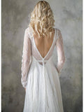 Long Sleeve Ivory Lace Beach Wedding Dresses Backless Boho Wedding Dress AWD1194-SheerGirl