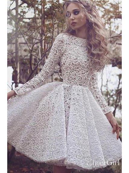 Long Sleeve Ivory Lace Short Vintage Homecoming Dresses A Line Cheap Sweet 16 Dresses ARD1014-SheerGirl