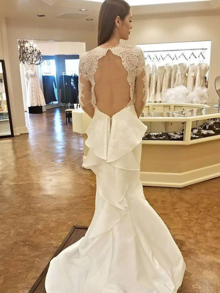 Long Sleeve Ivory Lace Wedding Dresses Mermaid Open Back Fitted