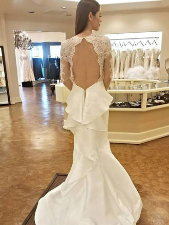 Long Sleeve Ivory Lace Wedding Dresses Mermaid Open Back Fitted Vintage Bridal Gowns APD3411-SheerGirl