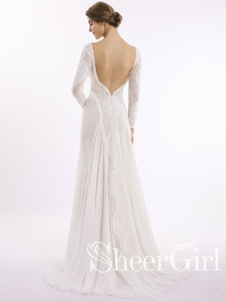 Long Sleeve Ivory Lace Wedding Dresses See Through Backless Boho Wedding Dresses AWD1115-SheerGirl