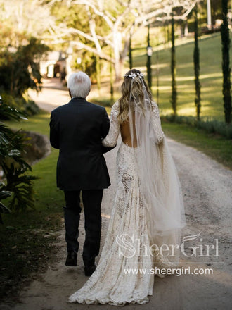 Long Sleeve Ivory Rustic Lace Wedding Dresses Keyhole Back Boho Wedding Dresses AWD1932-SheerGirl
