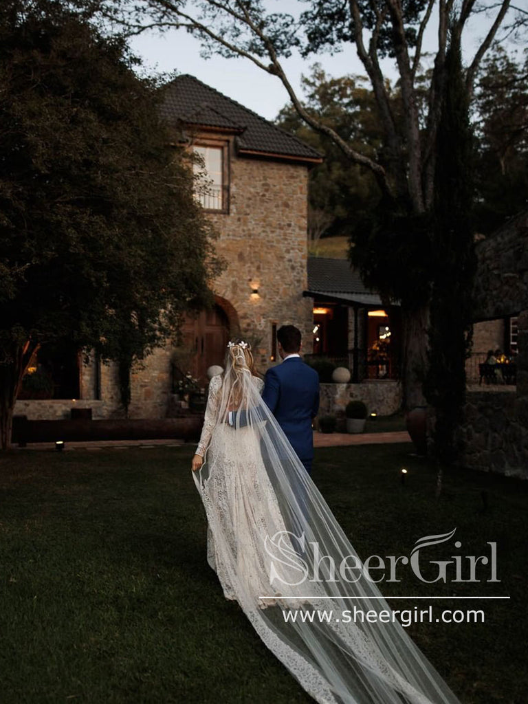 Long Sleeve Ivory Rustic Lace Wedding Dresses Keyhole Back Boho Wedding Dresses AWD1932-SheerGirl