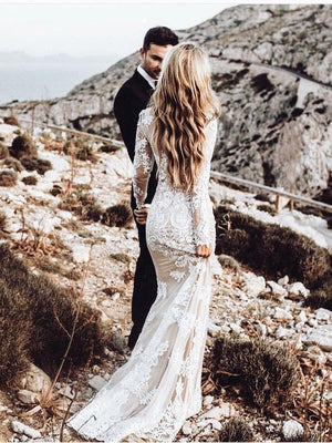 Long Sleeve Lace Applique Wedding Dresses Vintage Mermaid Wedding Dress AWD1255-SheerGirl